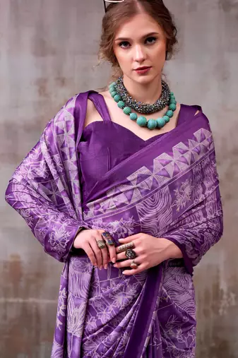 Purple satin silk blend floral printed stylish partywear saree