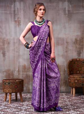 Purple satin silk blend floral printed stylish partywear saree 3
