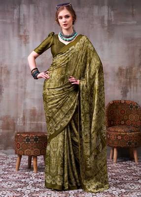 Mahendi satin silk blend floral printed stylish partywear saree 1