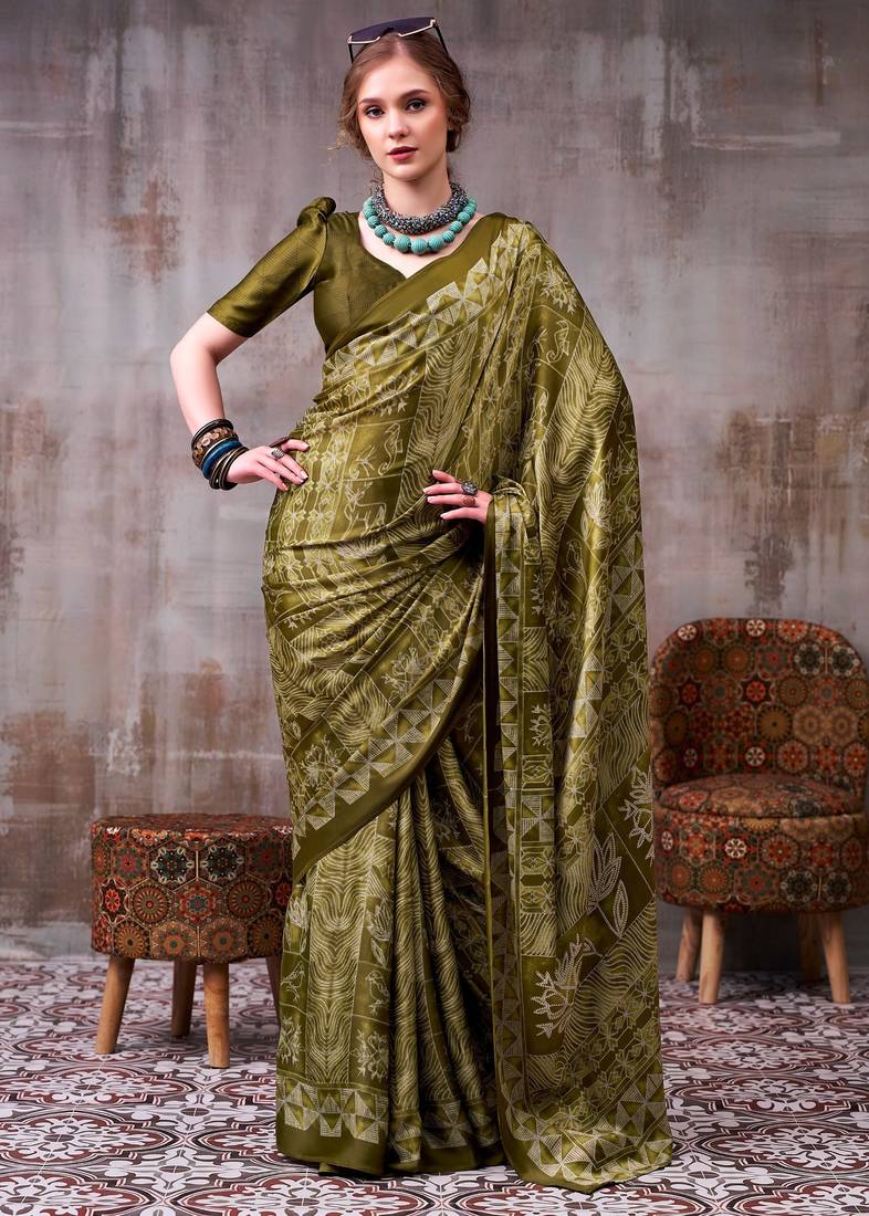 Mahendi satin silk blend floral printed stylish partywear saree