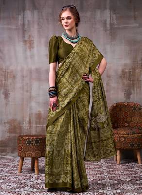 Mahendi satin silk blend floral printed stylish partywear saree 3