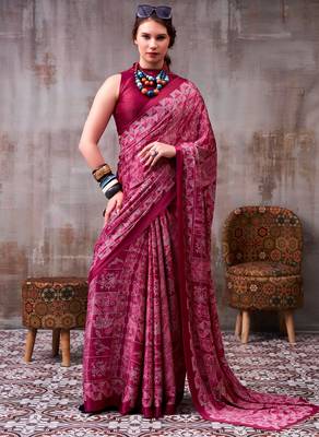 Burgundy satin silk blend floral printed stylish partywear saree 1