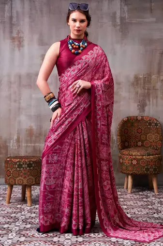 Burgundy satin silk blend floral printed stylish partywear saree