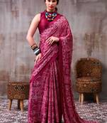 Burgundy satin silk blend floral printed stylish partywear saree