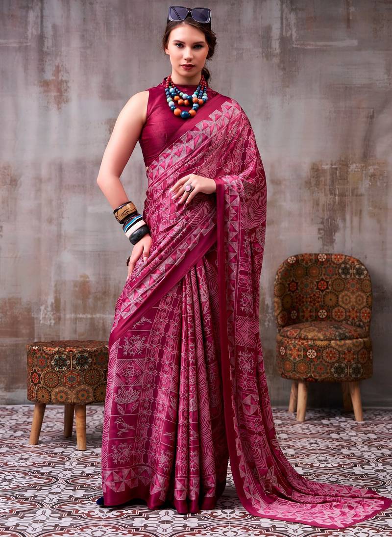 Burgundy satin silk blend floral printed stylish partywear saree