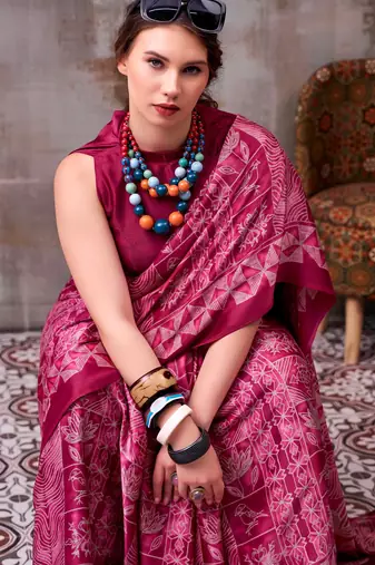 Burgundy satin silk blend floral printed stylish partywear saree