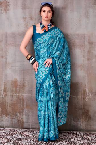 Firozi satin silk blend floral printed stylish partywear saree