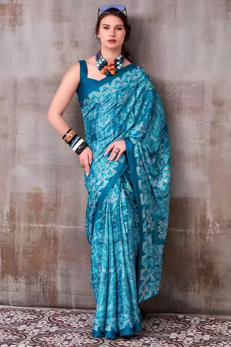 Firozi satin silk blend floral printed stylish partywear saree