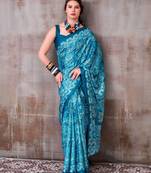 Firozi satin silk blend floral printed stylish partywear saree