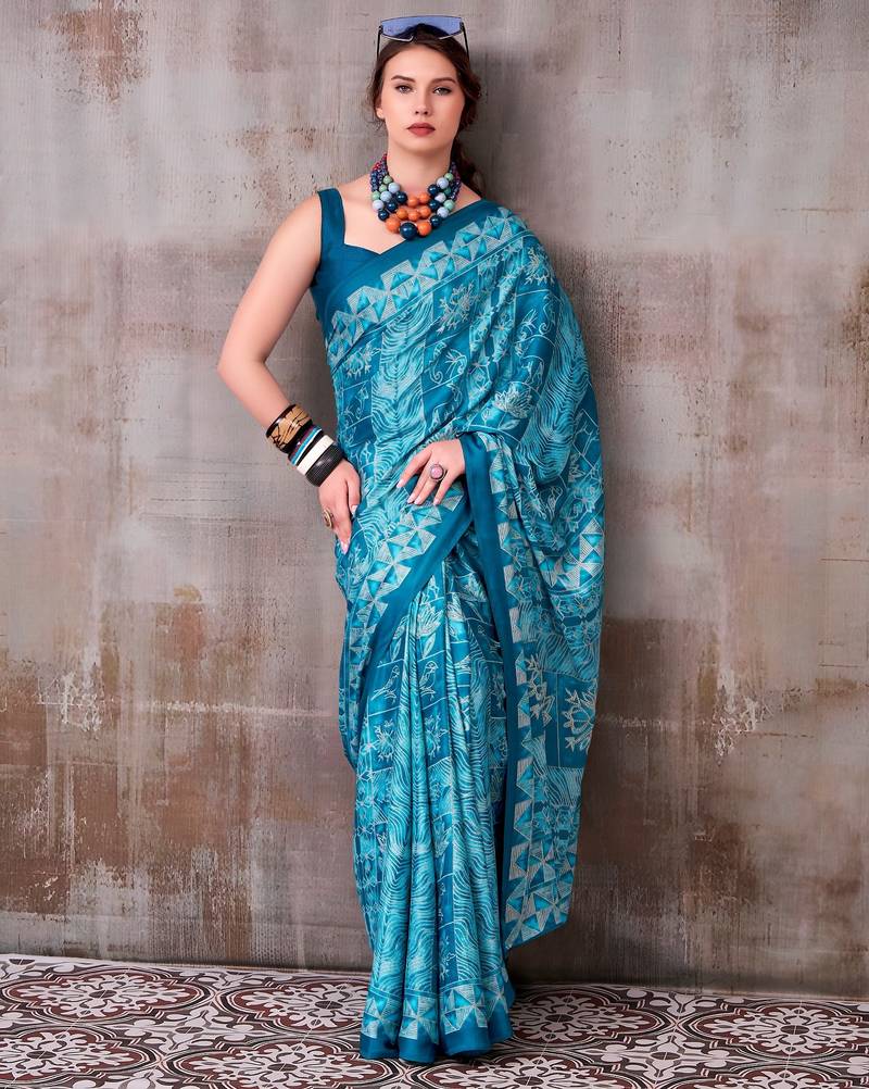 Firozi satin silk blend floral printed stylish partywear saree