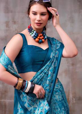 Firozi satin silk blend floral printed stylish partywear saree 2