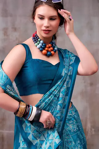 Firozi satin silk blend floral printed stylish partywear saree