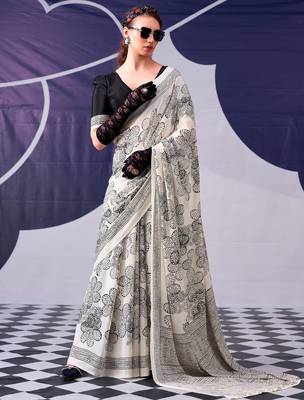 Black satin silk blend floral printed stylish partywear saree 1