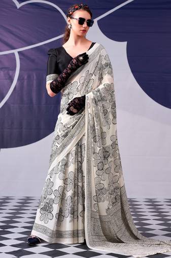 Black satin silk blend floral printed stylish partywear saree