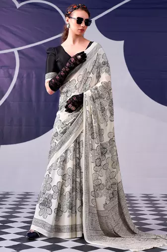 Black satin silk blend floral printed stylish partywear saree