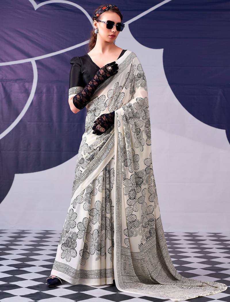 Black satin silk blend floral printed stylish partywear saree