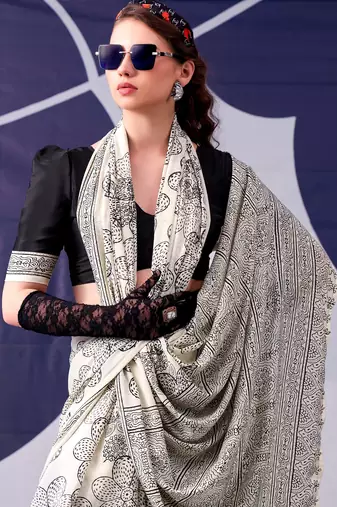 Black satin silk blend floral printed stylish partywear saree