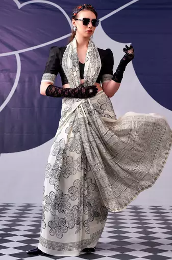 Black satin silk blend floral printed stylish partywear saree