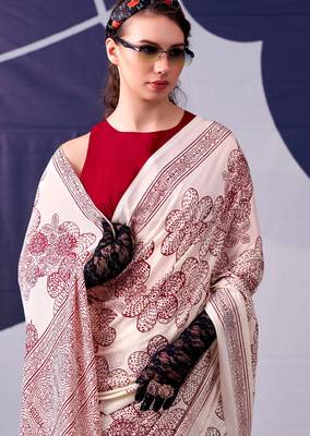 Maroon satin silk blend floral printed stylish partywear saree 2