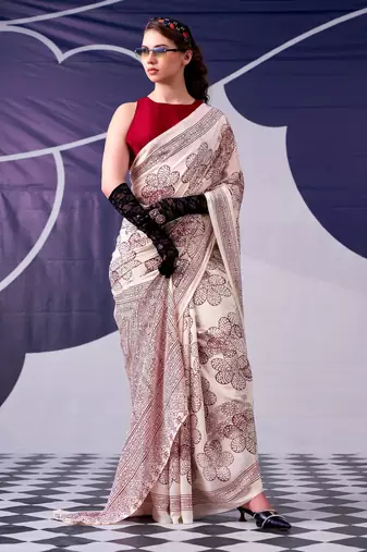Maroon satin silk blend floral printed stylish partywear saree