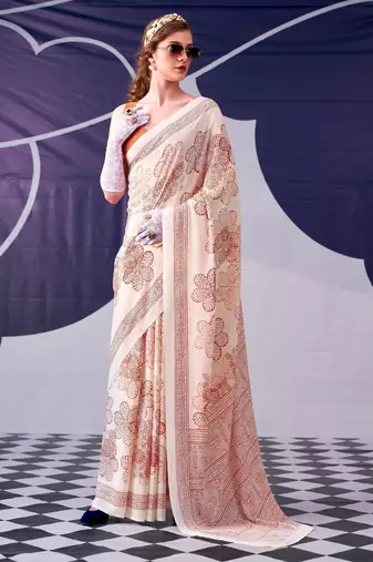 Peach satin silk blend floral printed stylish partywear saree