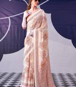 Peach satin silk blend floral printed stylish partywear saree