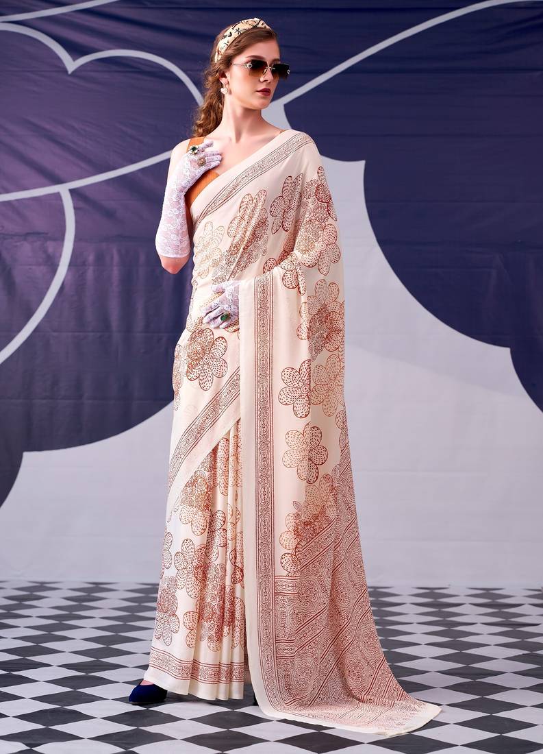 Peach satin silk blend floral printed stylish partywear saree