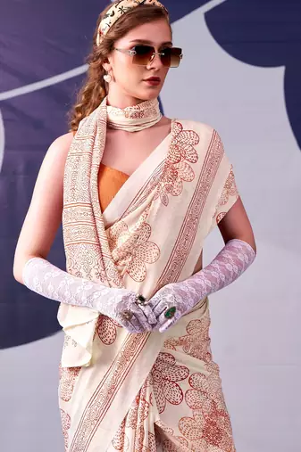 Peach satin silk blend floral printed stylish partywear saree