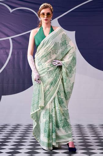 Green satin silk blend floral printed stylish partywear saree