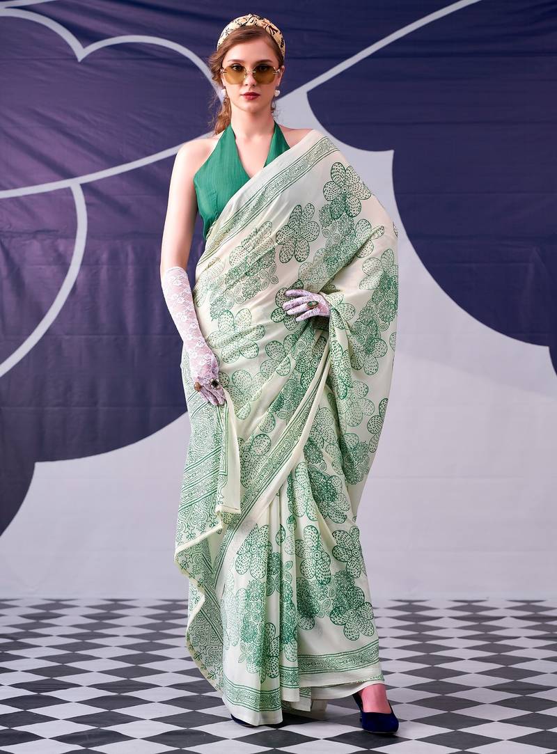 Green satin silk blend floral printed stylish partywear saree