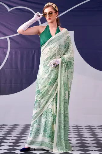 Green satin silk blend floral printed stylish partywear saree