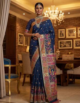 Blue virana silk blend heavy woven saree with elegant swarovski work 1