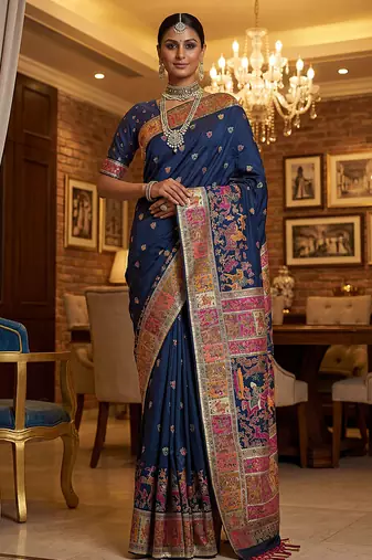 Blue virana silk blend heavy woven saree with elegant swarovski work