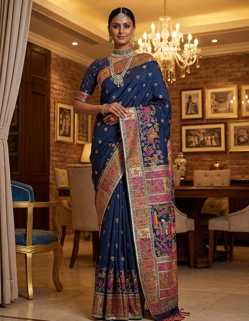 Blue virana silk blend heavy woven saree with elegant swarovski work