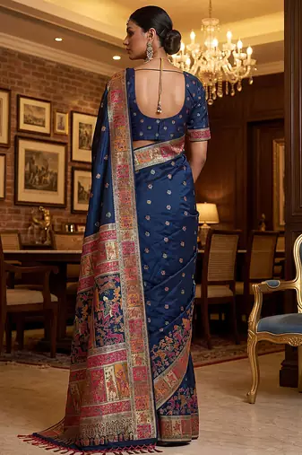 Blue virana silk blend heavy woven saree with elegant swarovski work