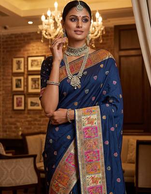 Blue virana silk blend heavy woven saree with elegant swarovski work 3