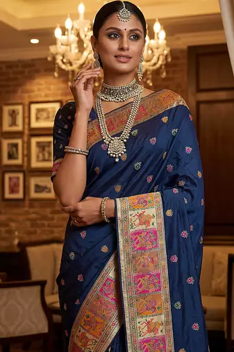Blue virana silk blend heavy woven saree with elegant swarovski work