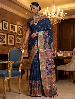 Blue virana silk blend heavy woven saree with elegant swarovski work 4
