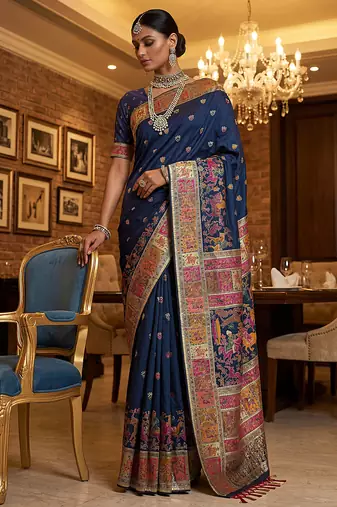 Blue virana silk blend heavy woven saree with elegant swarovski work