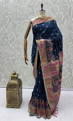Blue virana silk blend heavy woven saree with elegant swarovski work 5