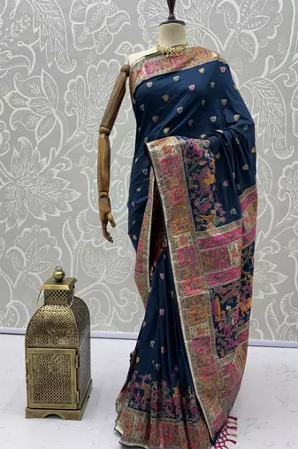 Blue virana silk blend heavy woven saree with elegant swarovski work