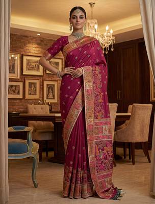 Maroon virana silk blend heavy woven saree with elegant swarovski work 1
