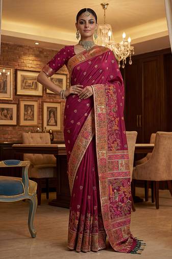Maroon virana silk blend heavy woven saree with elegant swarovski work