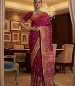 Maroon virana silk blend heavy woven saree with elegant swarovski work