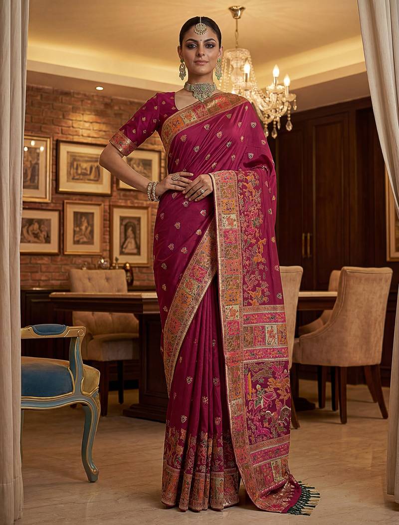 Maroon virana silk blend heavy woven saree with elegant swarovski work