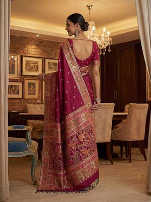 Maroon virana silk blend heavy woven saree with elegant swarovski work 2