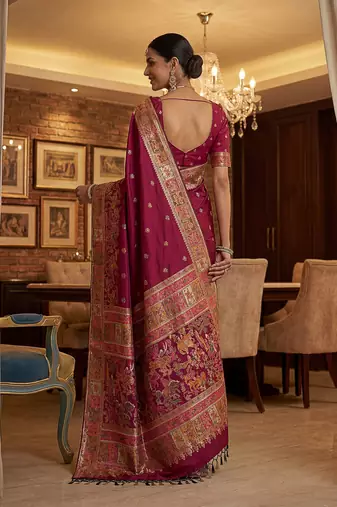 Maroon virana silk blend heavy woven saree with elegant swarovski work