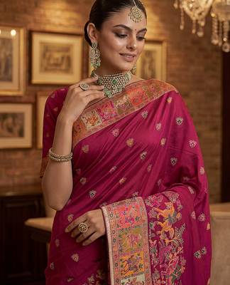Maroon virana silk blend heavy woven saree with elegant swarovski work 3