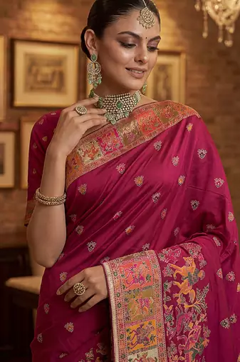Maroon virana silk blend heavy woven saree with elegant swarovski work