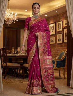 Maroon virana silk blend heavy woven saree with elegant swarovski work 4